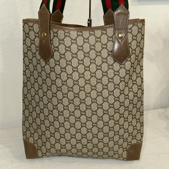 GUCCI GG Plus Canvas Web Sherry Line  Bag PVC Beige Green Red Authentic - Picture 9 of 15